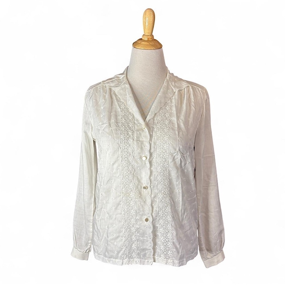 VTG 70s White Eyelet Lace Blouse Sz 14 Scallop Collar Prairie Cottagecore